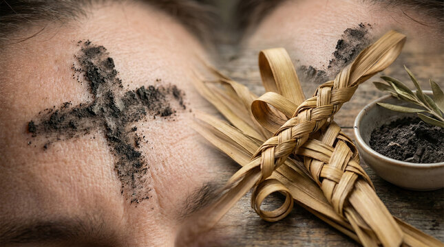 Ash Wednesday symbol with ashes and palm fronds on wooden table  