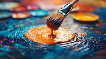 Vibrant paintbrush dipping into rich orange paint on a colorful artistic palette.