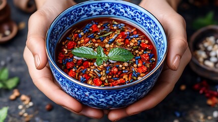 Vibrant herb mix in ceramic bowl.