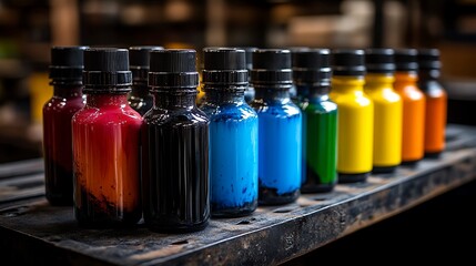 Vibrant Ink Bottles Lined Up for Screen Printing Workshop.