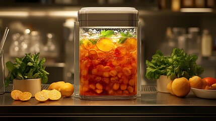 Vibrant Jar of Freshly Chopped Fruits and Vegetables on a Kitchen Counter.
