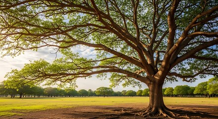 Obraz premium Large tree with sprawling branches in a field on a sunny day