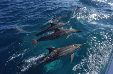 Naklejka premium Group of dolphins swimming gracefully in clear blue ocean water, showcasing their playful nature and agility, creating ripples in the surface, embodying marine life beauty