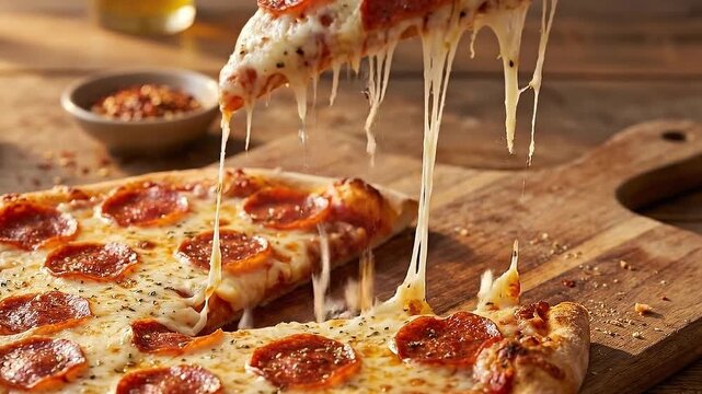 A slice of pepperoni pizza being lifted from a wooden board with melted cheese stretching from the pie