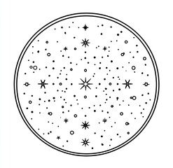 Black & white circular illustration featuring stars and celestial elements