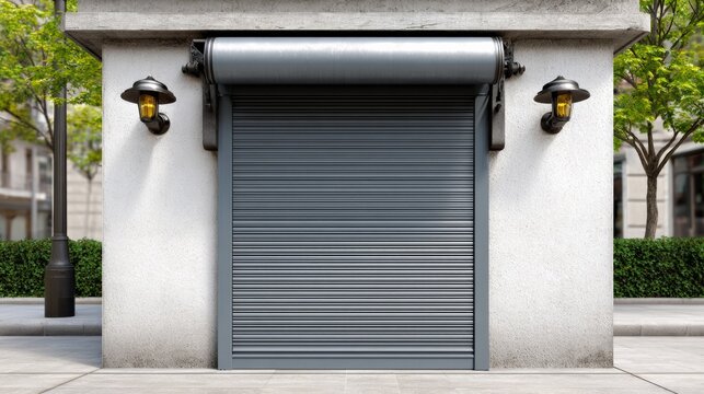 Realistic storefront exterior featuring a closed grey metallic rolling shutter door, flanked by wall-mounted lamps, in an urban street setting with concrete walls and greenery