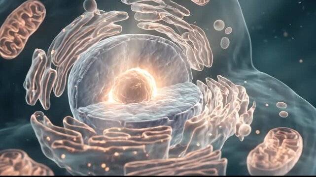 Detailed Render of Cell Structure with Visible Organelles Against Dark Background