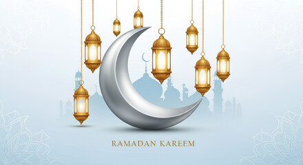 Ramadan Kareem Greeting Design with Glowing Lantern and Crescent Moon