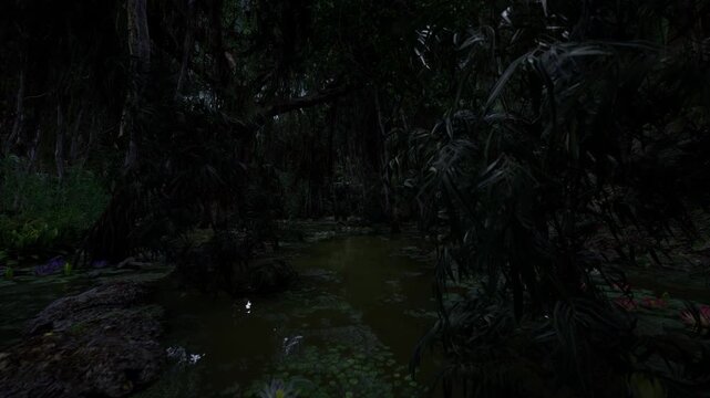 murky cypress bog under hanging moss, dense shadowy trunks and scattered lily clusters, glossy dark water and heavy atmosphere, tensionready setting for ranger