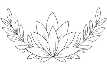Black and white floral line art, stylized leaves and petals arranged symmetrically