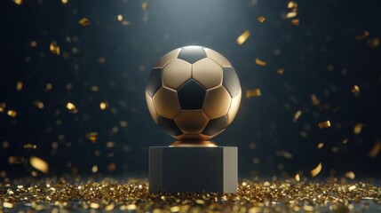 Fototapeta premium Golden Football Trophy on Podium Displayed with Sparkling Confetti Falling in a Celebratory Atmosphere