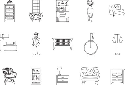 An array of exquisitely detailed interior design elements, depicted in a stylish monochrome line art style.