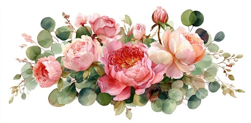 Watercolor illustration of pink and peach peonies with green foliage on a white background