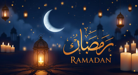 Ramadan Kareem Greeting Design with Glowing Lantern and Crescent Moon