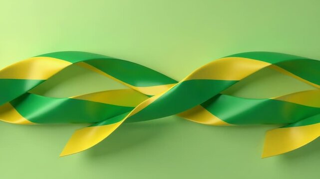 Video A bright green and yellow ribbon placed on a plain green background, suitable for use in designs related to nature or optimism