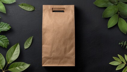 Brown paper bag centered on black surface, surrounded by green leaves
