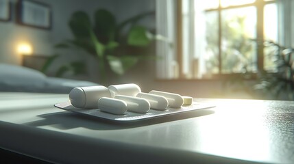 White objects on a tray in a sunlit room, close-up.