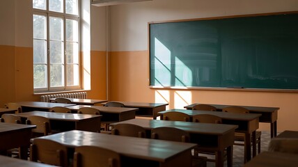Empty classroom interior with wooden desks and large green chalkboard illuminated by morning sunlight