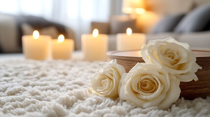 White Roses and Lit Candles on a Cozy White Carpet.