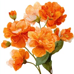 Watercolor depiction of a vibrant bouquet of orange flowers with green leaves, white background