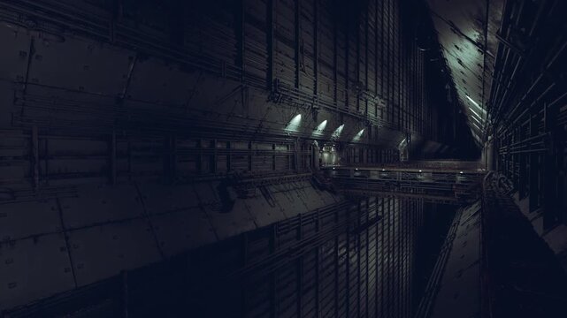 Moody transit spine lit by row of service lights and deep side shadows, maintenance walk and cable trays run along walls, atmospheric composition evokes