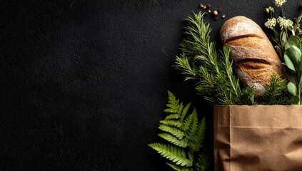 Freshly baked bread and greenery peek from a brown paper bag against a dark backdrop