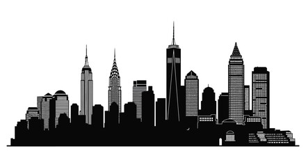 Obraz premium A striking black and white cityscape depicts a modern metropolitan skyline showcasing iconic architectural designs as a silhouette high quality