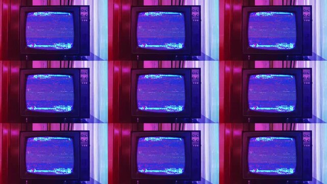 old crt monitors having glitch effect, errors in broadcasting studio on screens, analog signals 4k animation