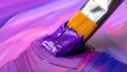 Fototapeta premium Close up brush with purple paint and multicolor strokes, vibrant artistic background with copy space, perfect for creative design, marketing campaigns, and wallpaper.