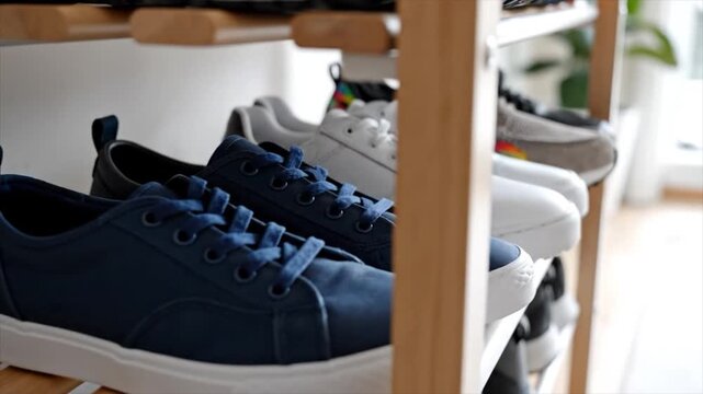 Row of assorted footwear including sneakers arranged on wooden shelves in a bright indoor setting with natural light