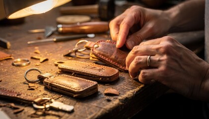 Artisan hands shaping rustic leather key fobs with natural textures handcut edges and detailed stitching in a cozy workshop setting.