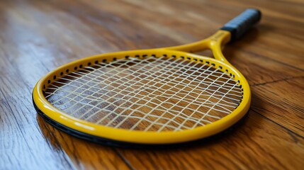 Yellow tennis racket on wood.