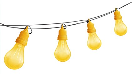 String of yellow-lit bulbs on a dark wire against a white backdrop
