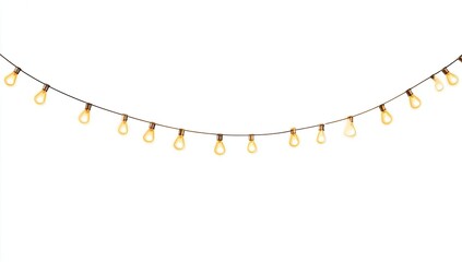 String of warm, glowing teardrop-shaped lights on a thin wire, isolated on white