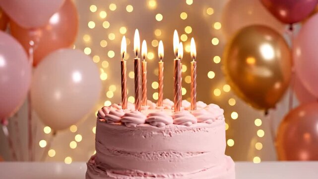 Beautiful pink frosted birthday cake with lit candles, colorful balloons, and warm bokeh lights