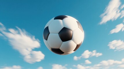 Soccer Ball Flying in the Blue Sky with Clouds on a Bright Day