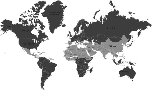 High Contrast World Map Vector Highlighting North Africa, Middle East, and Asia