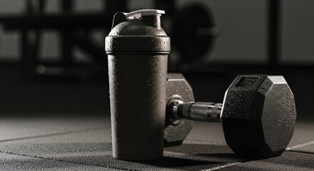 Sleek black protein shaker bottle covered in condensation sits next to a heavy black dumbbell on a textured gym floor suggesting a post workout replenishment or fitness session.
