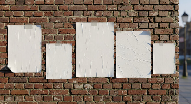 Five blank wrinkled posters mockup featuring different sizes attached with tape to an aged rustic red brick outdoor wall surface providing excellent space for advertisement design presentation