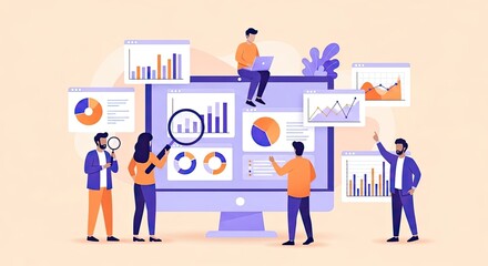 Business professionals analyzing data and statistics on a large computer screen with various graphs and charts