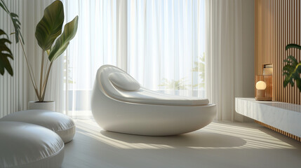 A serene, minimalist home interior featuring smart furniture that subtly adapts its form and function based on the occupant's real-time biometric data or mood