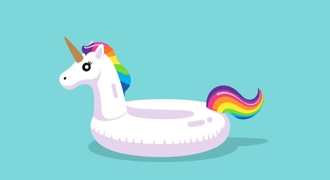 Large white unicorn pool float with a rainbow mane and tail on a clear blue water background for summer vacation and leisure marketing.