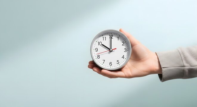 Time is in your hands. Female hand holding a white analogue alarm clock. Conceptual image for seizing the day, planning, or a limited-time offer
