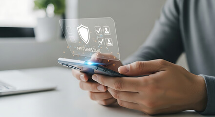 Person using smartphone with digital security interface icons
