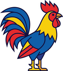 Obraz premium Vector illustration of a stylized rooster standing in profile. The design features a colorful plumage with bold dark outlines, utilizing a vibrant palette of blue, red, and yellow. 