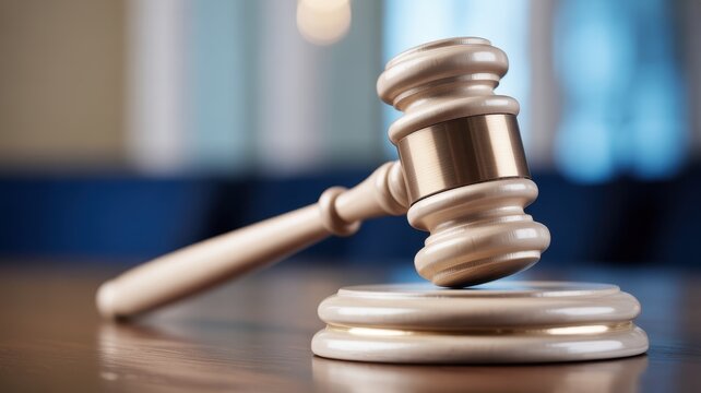 Wooden gavel and sounding block on a courtroom desk with blurred background