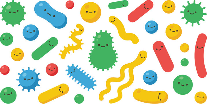 Vector illustration featuring a collection of cute, colorful bacteria and virus characters. The design displays various microscopic shapes&mdash;including rods, spheres, and spirals&mdash;depicted with friendly s