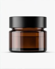 Cosmetic Cream Amber Glass Jar Mockup with Black Lid on White Background, Minimal Skincare Packaging