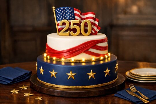 USA 250 Anniversary Cake with American Flag Topper
