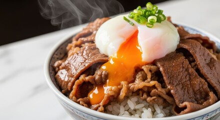 Gyudon, Delicious Beef Bowl with Soft-Cooked Egg and Green Onions on Rice